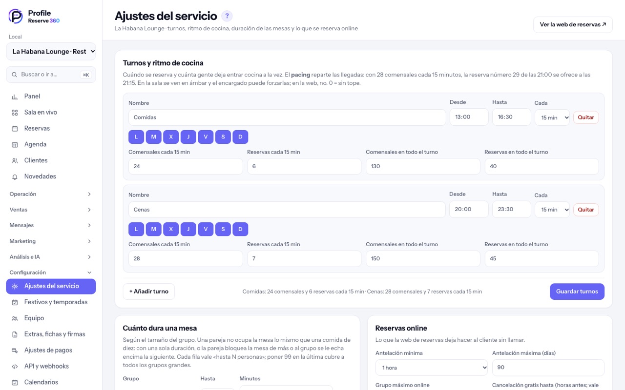 Ajustes del servicio de un restaurante