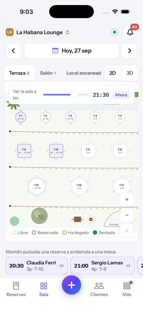 La sala en el iPhone: arrastra una reserva a una mesa
