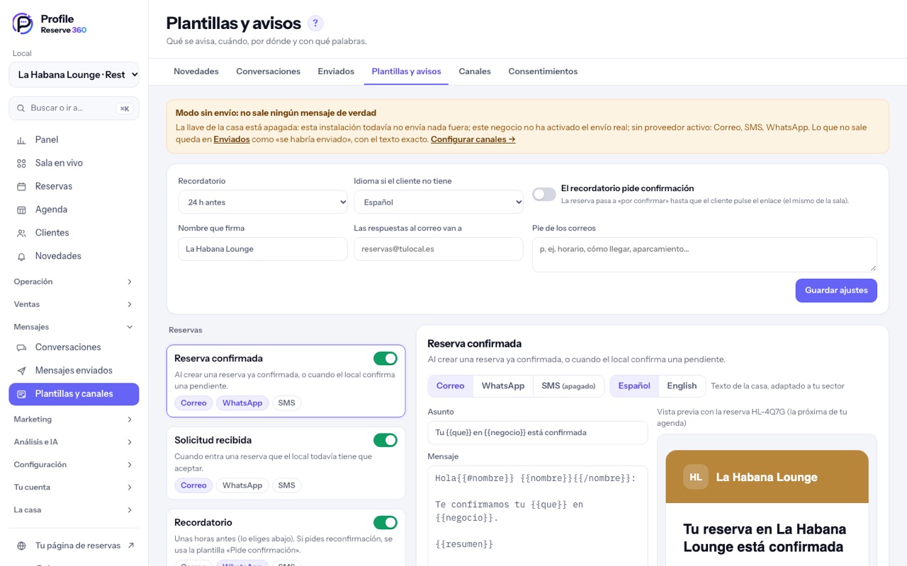 Plantillas y avisos: recordatorio, idioma y textos