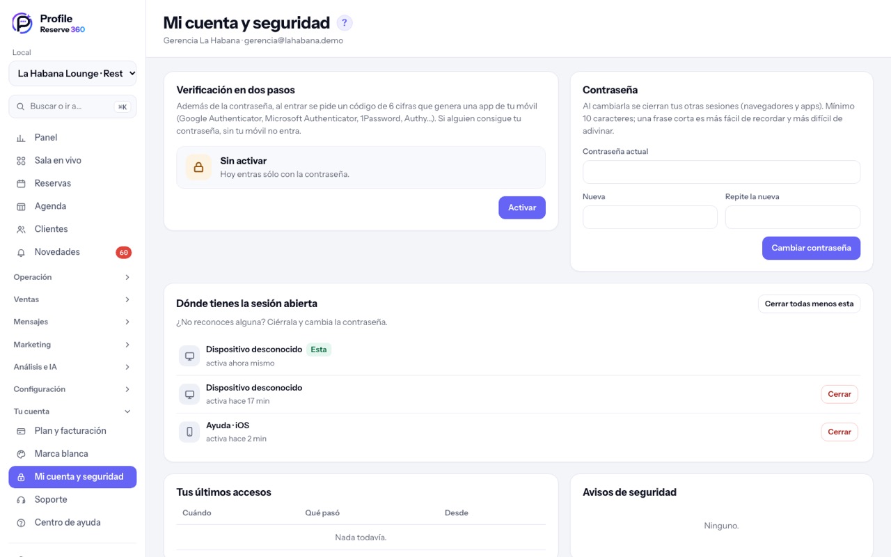 Mi cuenta y seguridad: dos pasos, contraseña y sesiones