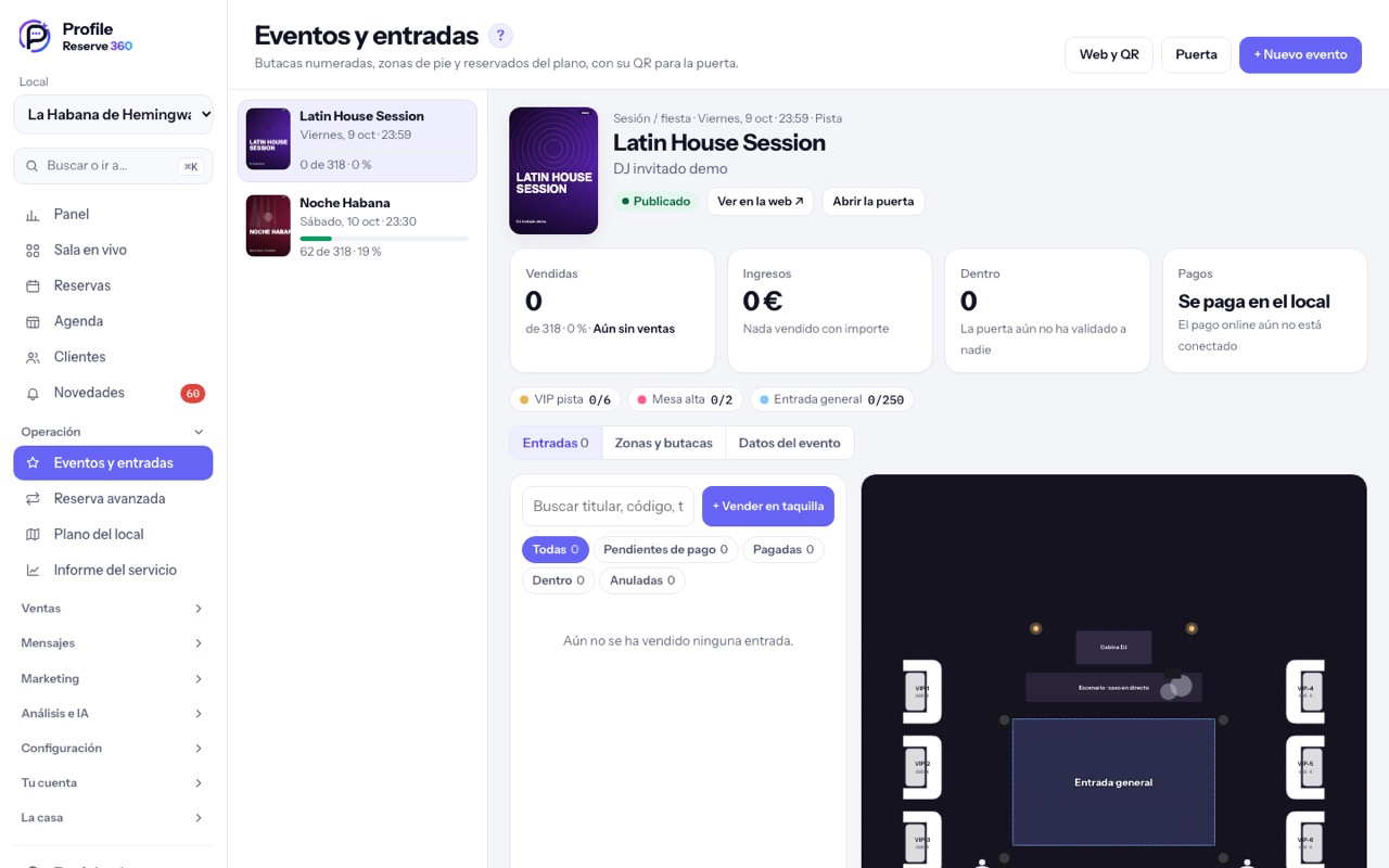 Un evento de discoteca con sus zonas y la venta