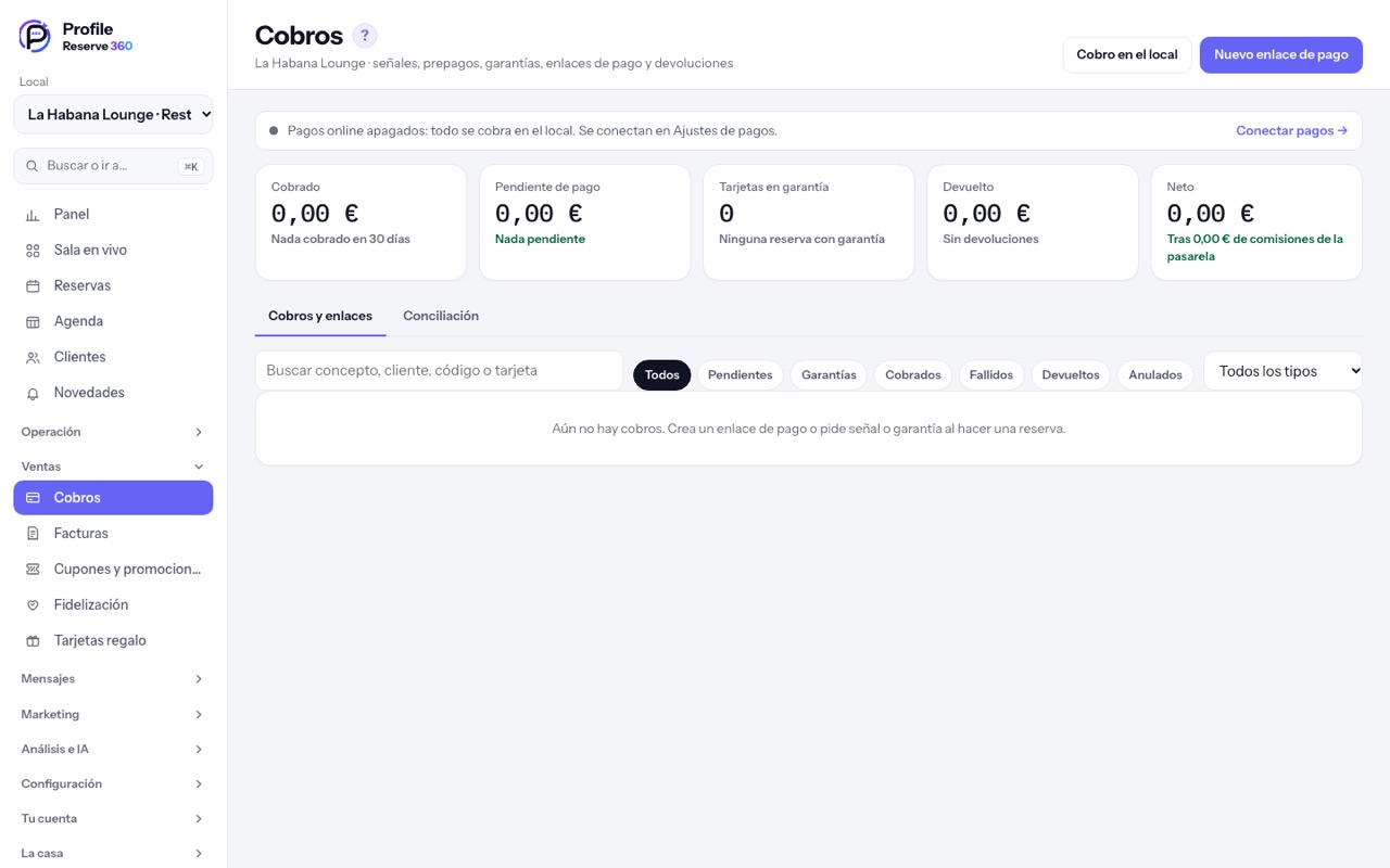 Cobros: pendientes, garantías, cobrados y devueltos