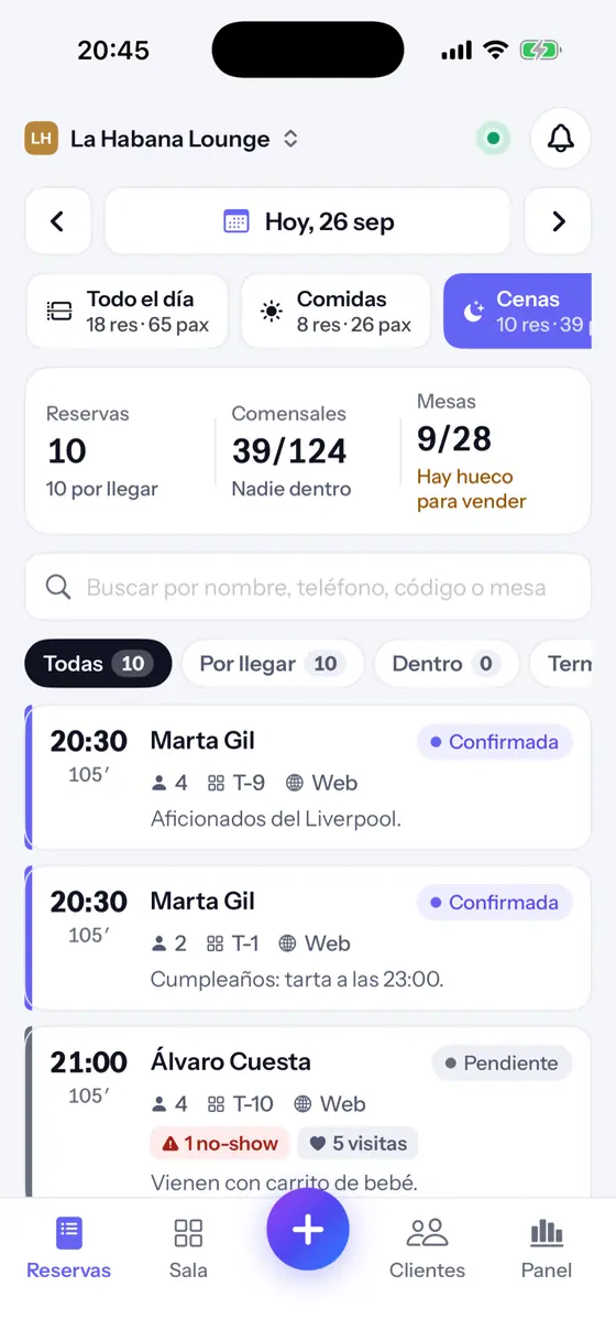 La app del iPhone con las reservas de hoy por turnos