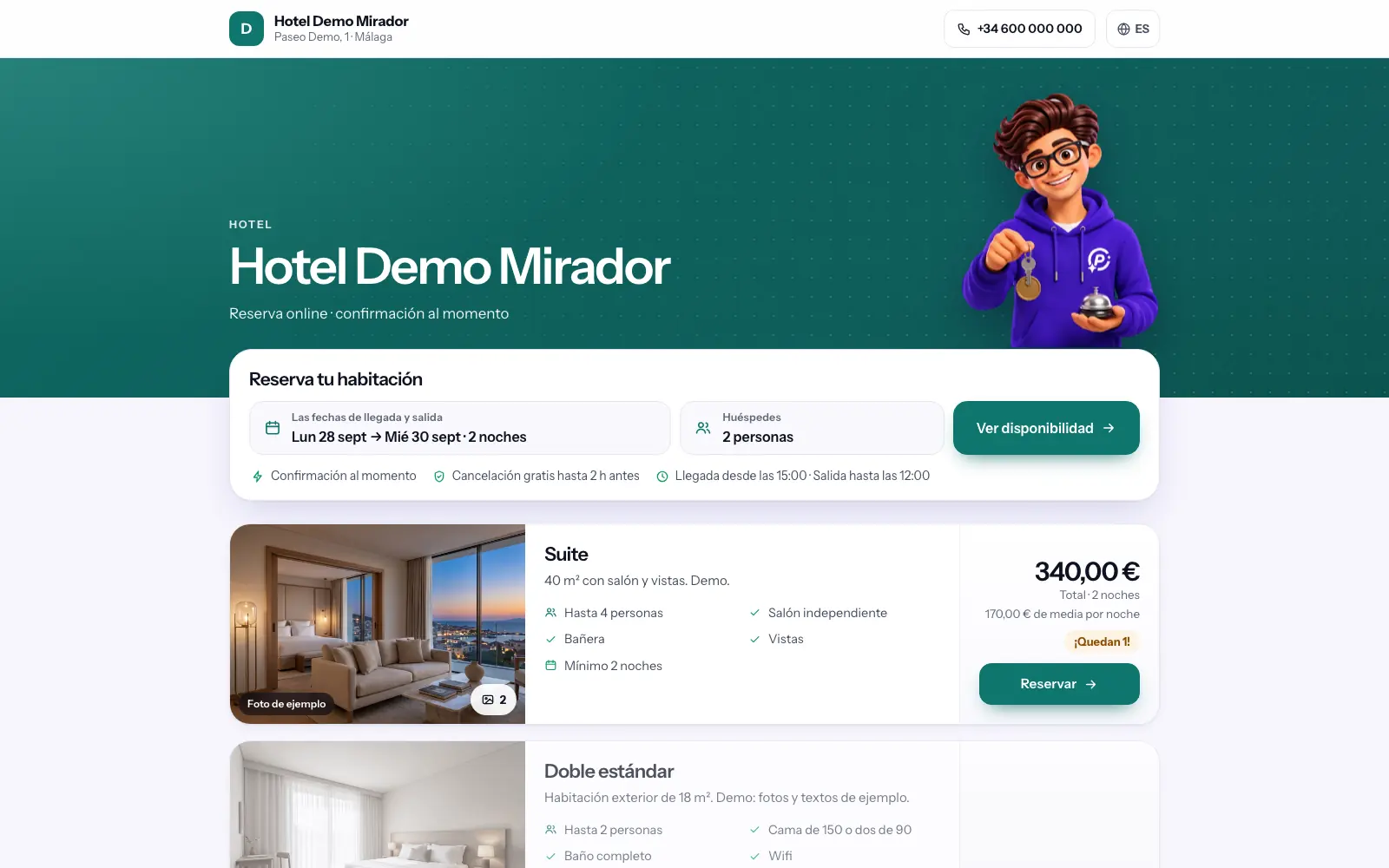 La reserva por fechas en la web del hotel (captura real con datos de demostración)