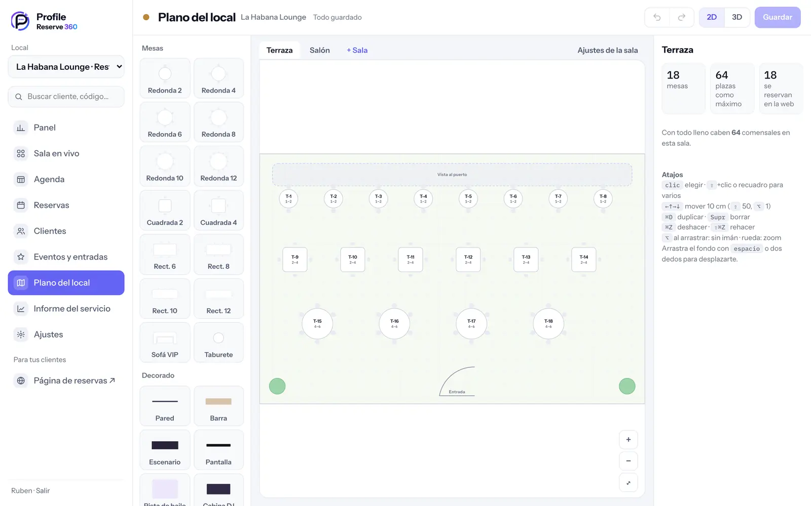 El editor del plano: la terraza con sus mesas y las piezas para arrastrar