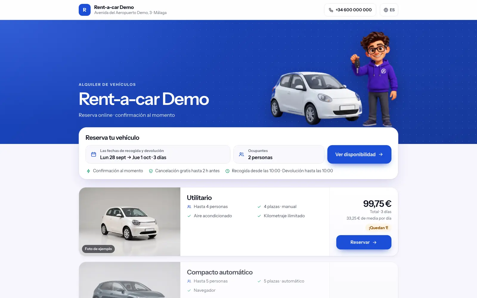 La reserva por días en la web del rent-a-car (captura real con datos de demostración)