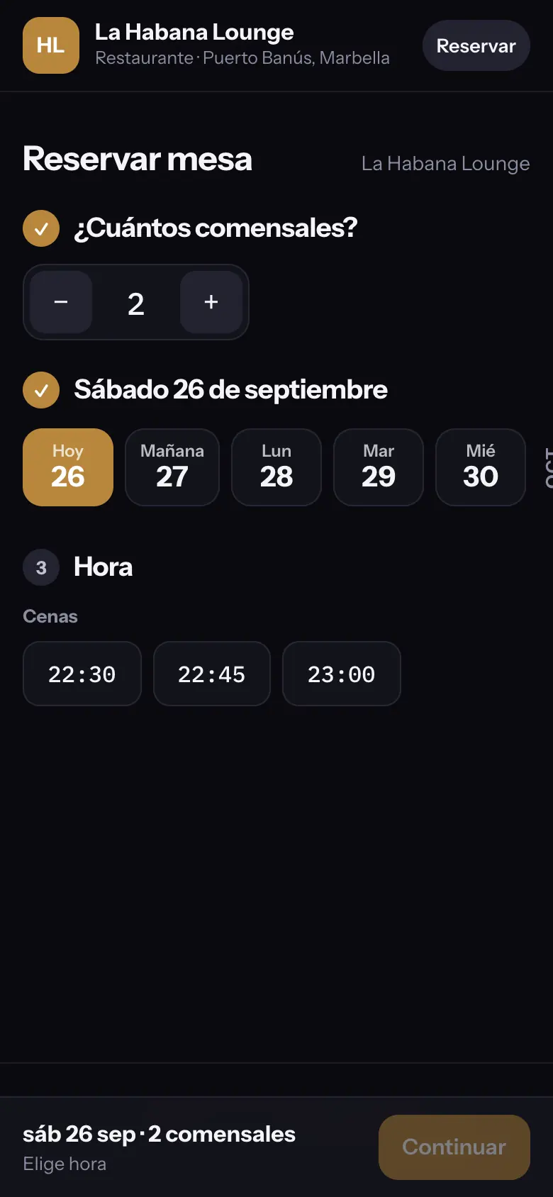 La página de reservas del restaurante en el móvil: comensales, día y hora